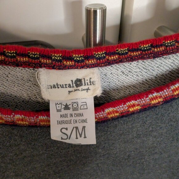 Natural Life Boho Charcoal Oversized Sweatshirt W/ Red Knit Trim, Raw Edges, S/M - Picture 2 of 9